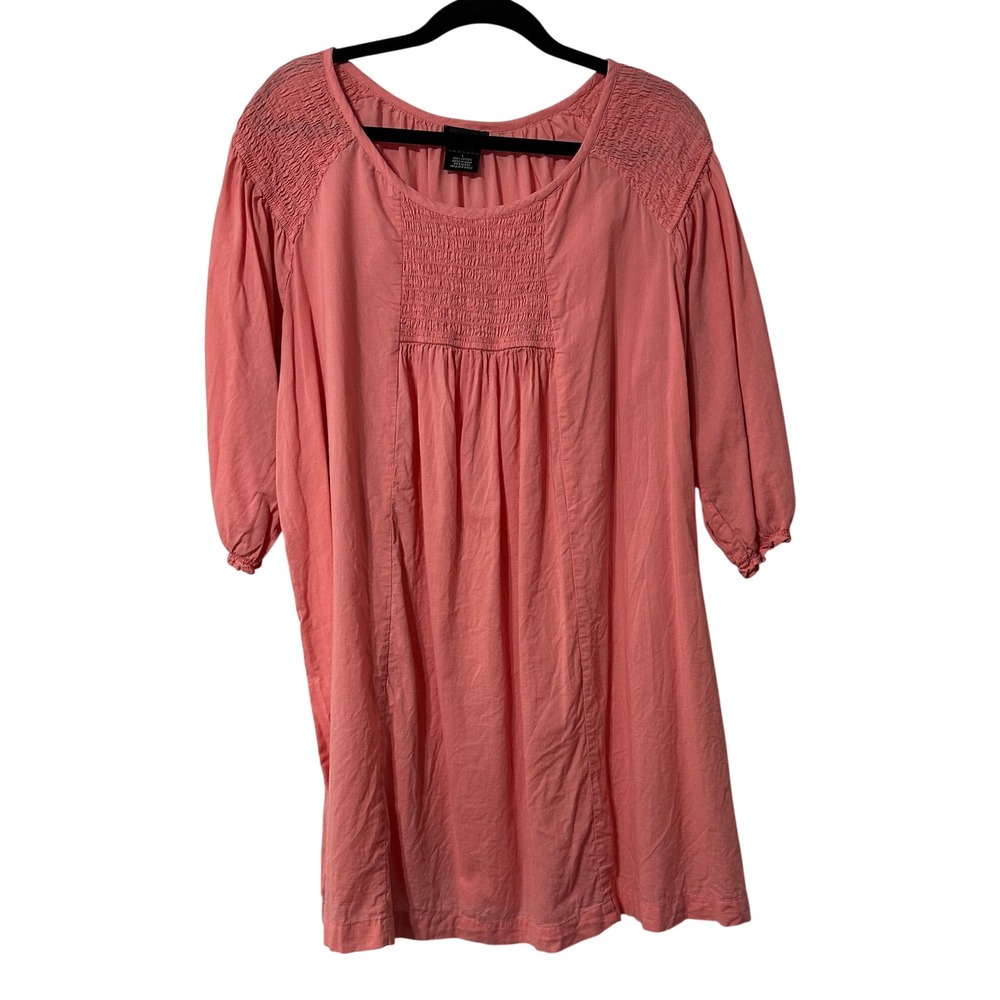 Ellos Tunic Top Womens Coral Pink Smocked Cotton Peasant 3/4 Sleeve L 47-1158-6